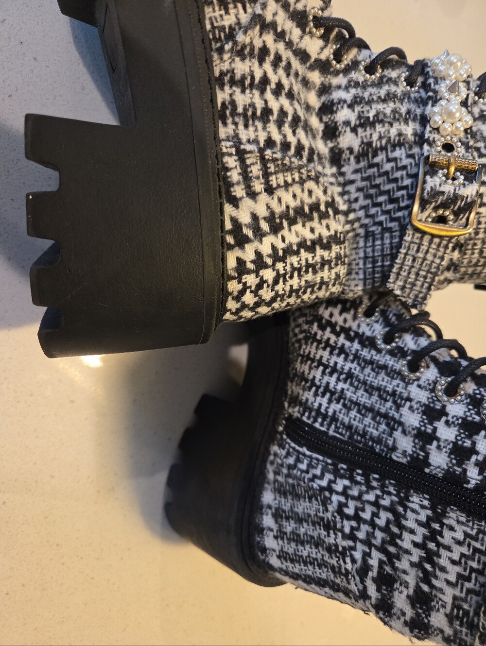 Betsey Johnson Black & White Houndstooth Pearl-Embellished Lace-Up Boot - Picture 12 of 13
